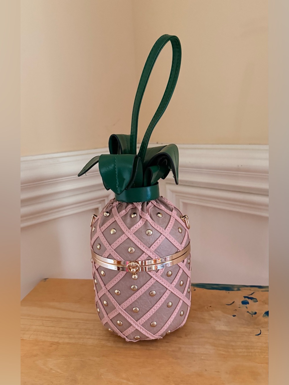 Pink Pineapple-Style Women's Wristlet Bag with Green Top